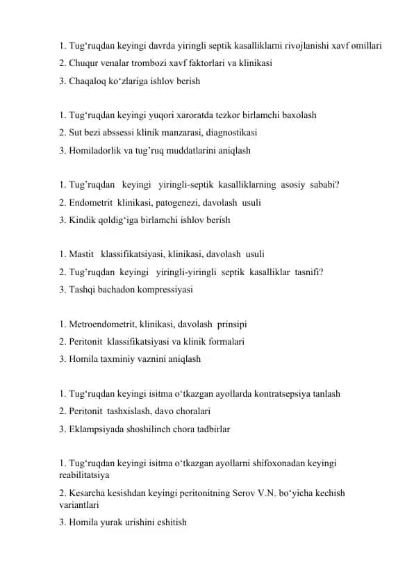 Tug‘ruqdan keyingi davrda yiringli septik kasalliklarni rivojlanishi xavf omillari