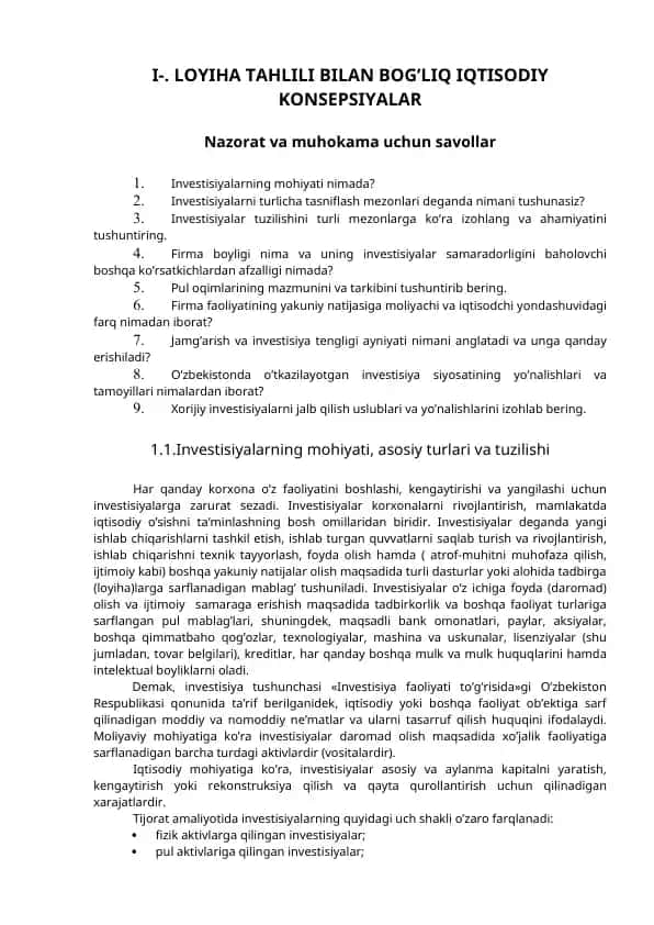 Investitsiyalar va Iqtisodiy Konsepsiyalar tahlili