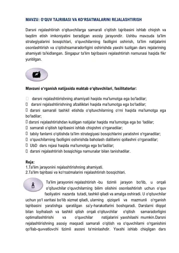 O‘QUV TAJRIBASI VA KO‘RSATMALARINI REJALASHTIRISH
