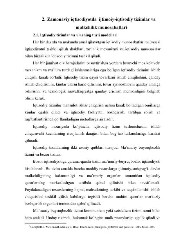 Zamonaviy iqtisodiyotda ijtimoiy-iqtisodiy tizimlar va mulkchilik munosabatlari