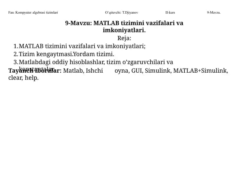 MATLAB tizimini vazifalari va imkoniyatlari