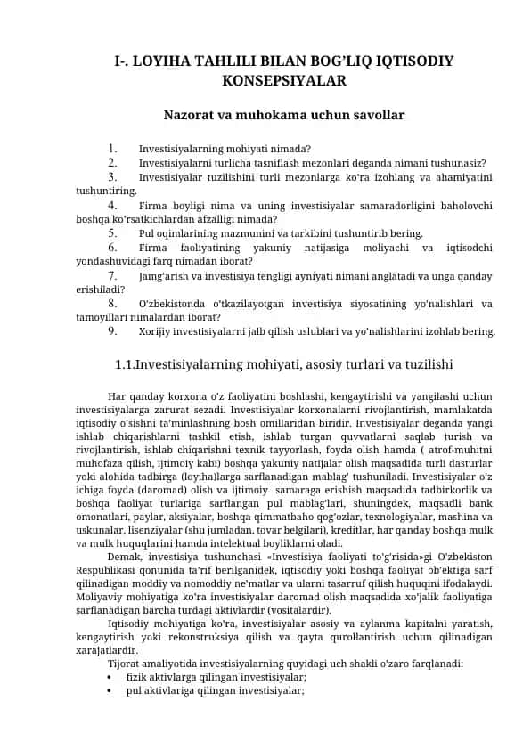 Lоyihа Tahlili bilan bog'liq Iqtisоdiy Kоnsepsiyalar