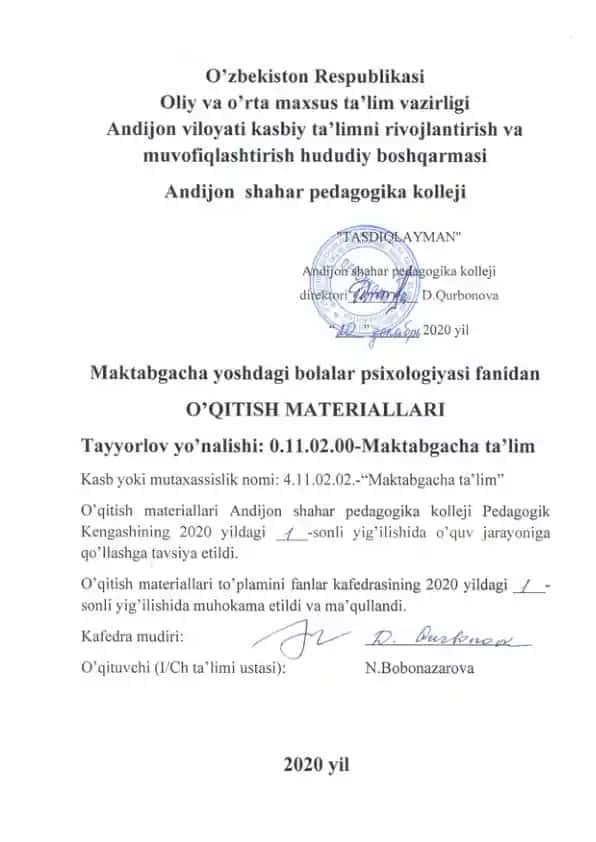 "Maktabgacha Yoshdagi Bolalar Psixologiyasi"