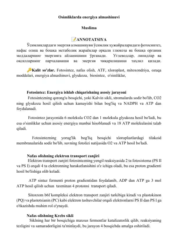 Osimliklarda energiya almashinuvi