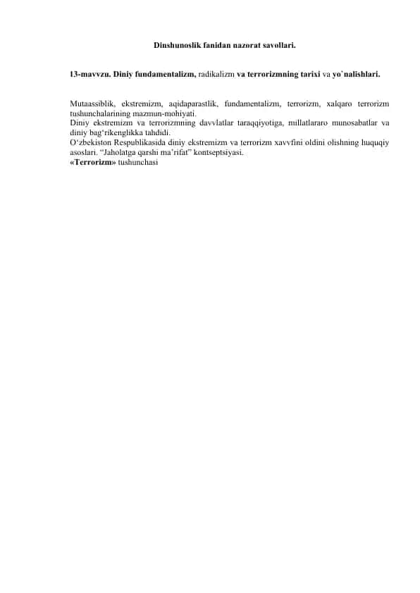 Diniy fundamentalizm, radikalizm va terrorizm