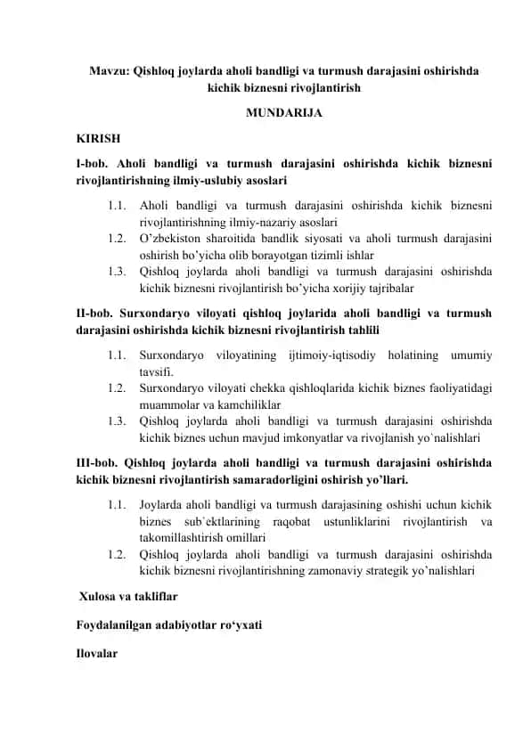 Qishloq joylarida aholi bandligi va turmush darajasini oshirishda kichik biznesni rivojlantirish