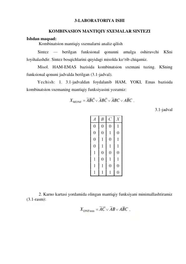 Laboratoriya ishi "Kombinatsion mantiqiy sxemalar sintezi"