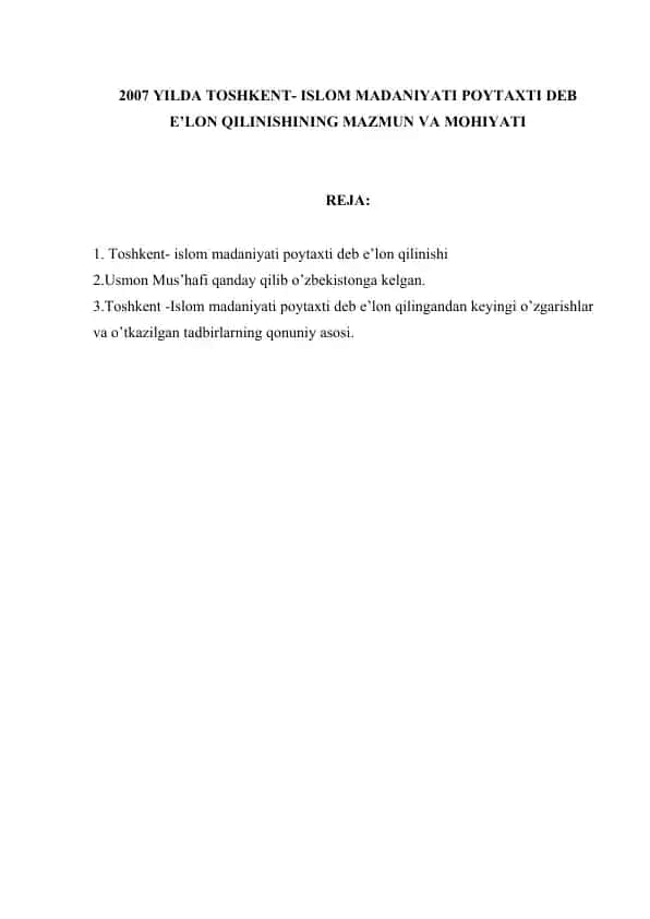TOSHKENT – ISLOM MADANIYATI POYTAXTI