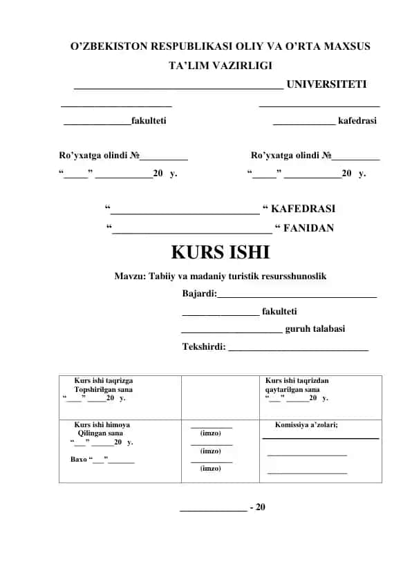 Tabiiy va madaniy turistik resursshunoslik kurs ishi