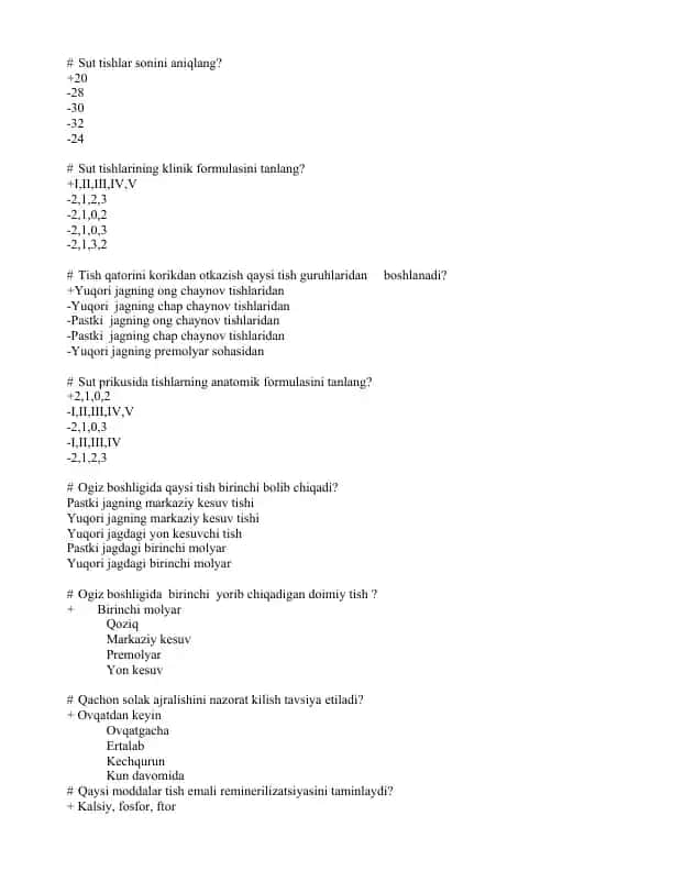 Sut tishlari anatomiyasi test savollari