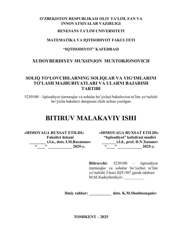SOLIQ TOʻLOVCHILARNING SOLIQLAR VA YIGʻIMLARINI TOʼLASH MAJBURIYATLARI VA ULARNI BAJARISH TARTIBI