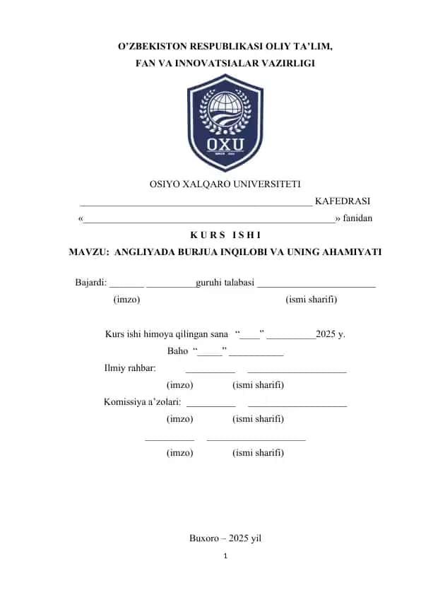 ANGLIYADA BURJUA INQILOBI VA UNING AHAMIYATI