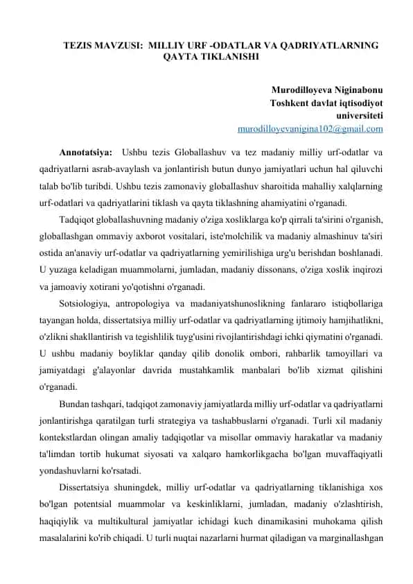 MILLIY URF -ODATLAR VA QADRIYATLARNING QAYTA TIKLANISHI