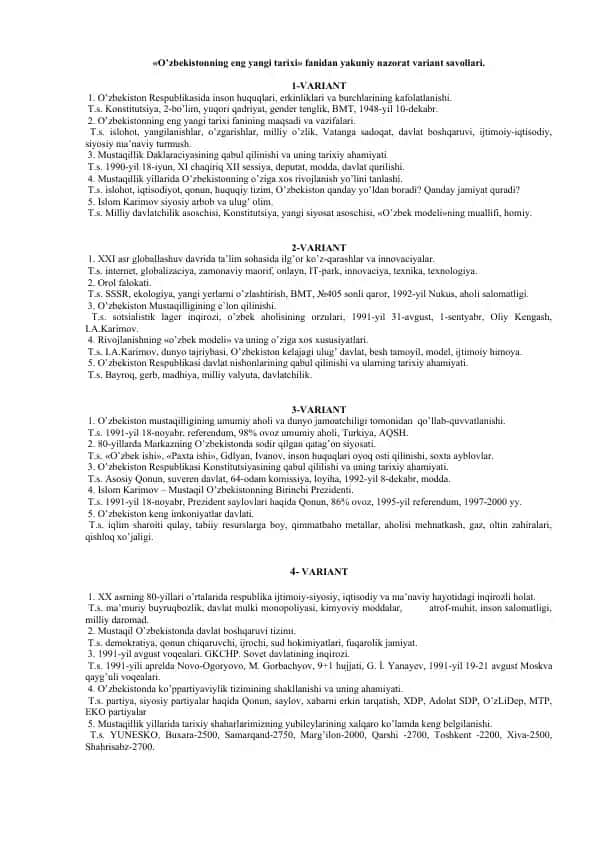 O'zbekistonning eng yangi tarixi fanidan yakuniy nazorat variant savollari