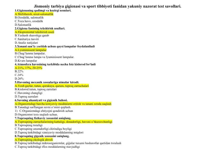 Jismoniy tarbiya gigienasi va sport tibbiyoti fanidan yakuniy nazorat test savollari