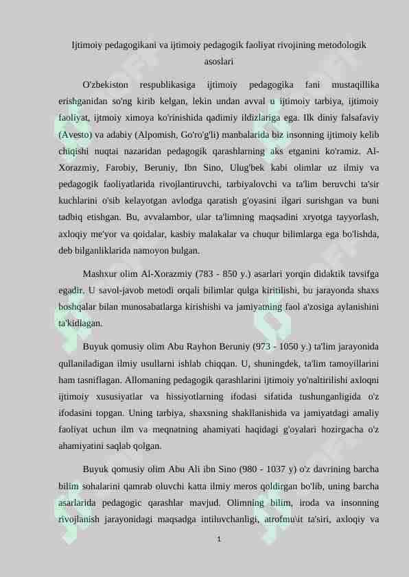 Ijtimoiy pedagogikani va ijtimoiy pedagogik faoliyat rivojining metodologik asoslari