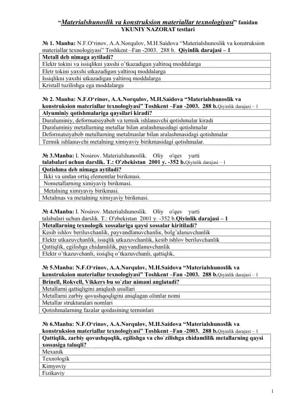 Materialshunoslik va konstruksion materiallar texnologiyasi