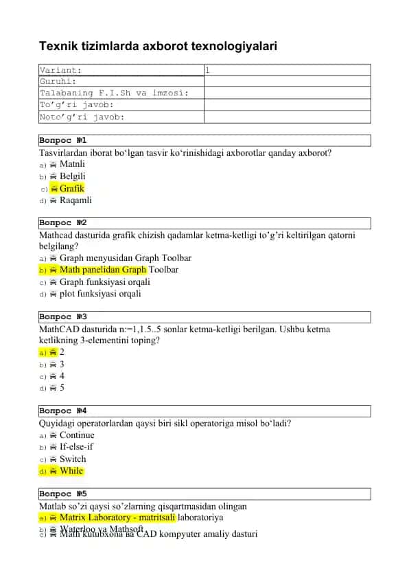 Texnik tizimlarda axborot texnologiyalari test savollar javoblari bilan