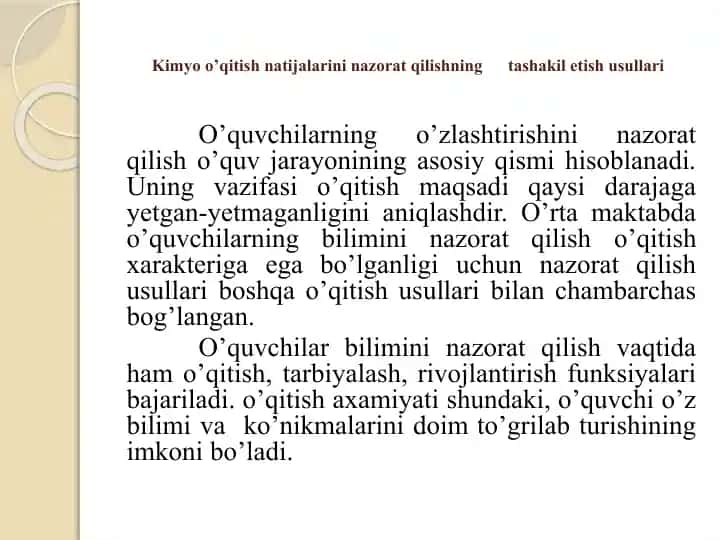 Kimyoo’qitish natijalarini nazorat qilishning tashakil etish usullari