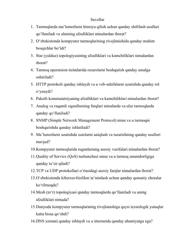 Kompyuter tarmoqlari bo‘yicha savollar va testlar to‘plami