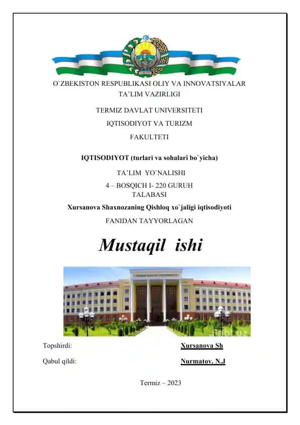 Xursanova Shaxnozaning Qishloq xo‘jaligi iqtisodiyoti