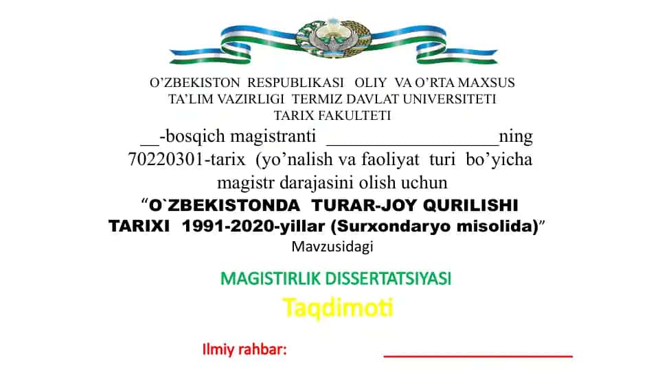 O`ZBEKISTONDA TURAR-JOY QURILISHI TARIXI 1991-2020-yillar (Surxondaryo misolida)