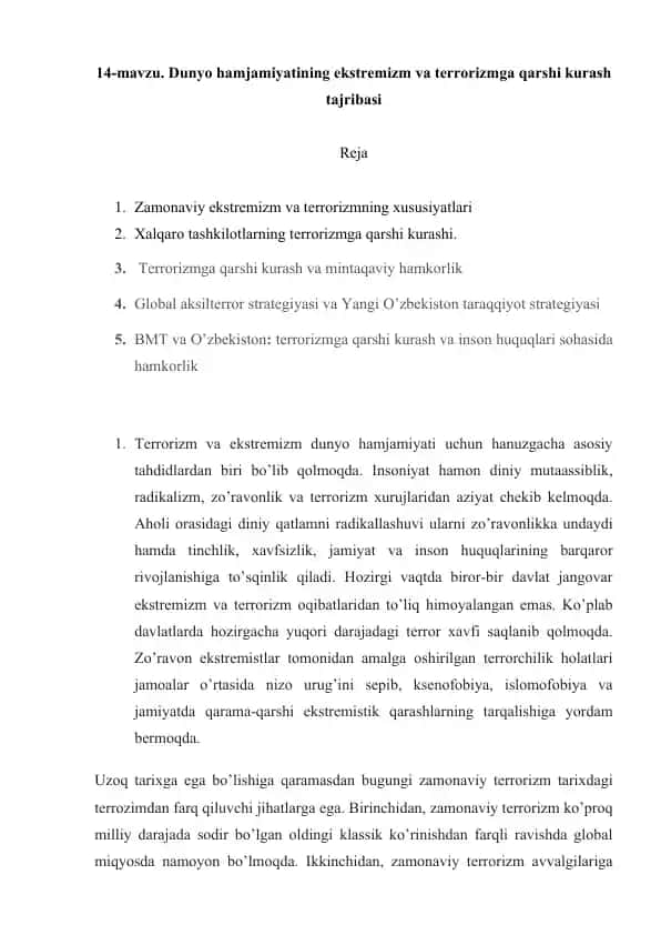 Dunyo hamjamiyatining ekstremizm va terrorizmga qarshi kurash tajribasi