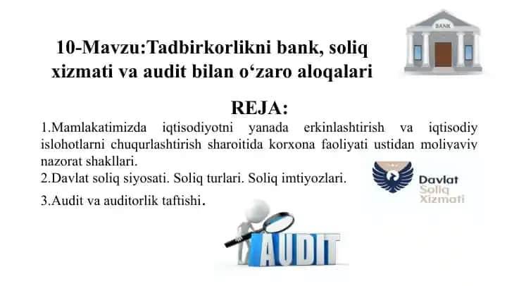 Tadbirkorlikni bank, soliq xizmatlari va audit bilan aloqalari
