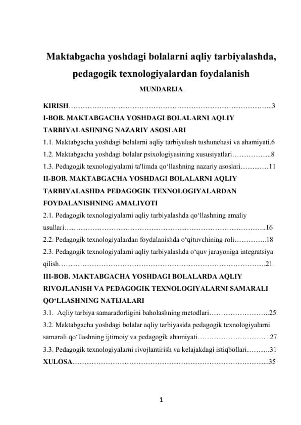 Maktabgacha yoshdagi bolalarni aqliy tarbiyalashda pedagogik texnologiyalardan foydalanish