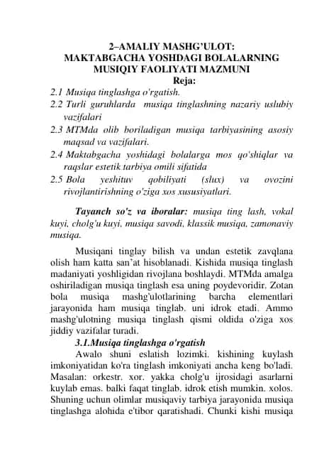 Maktabgacha Yoshdagi Bolalarning Musiqiy Faoliyati