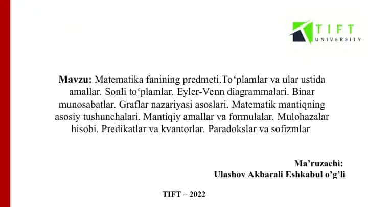 Matematika fanining predmeti