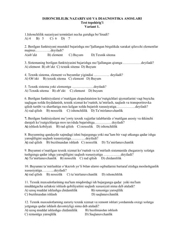 Ishonchlik nazariyasi va Diagnostika asoslari testi