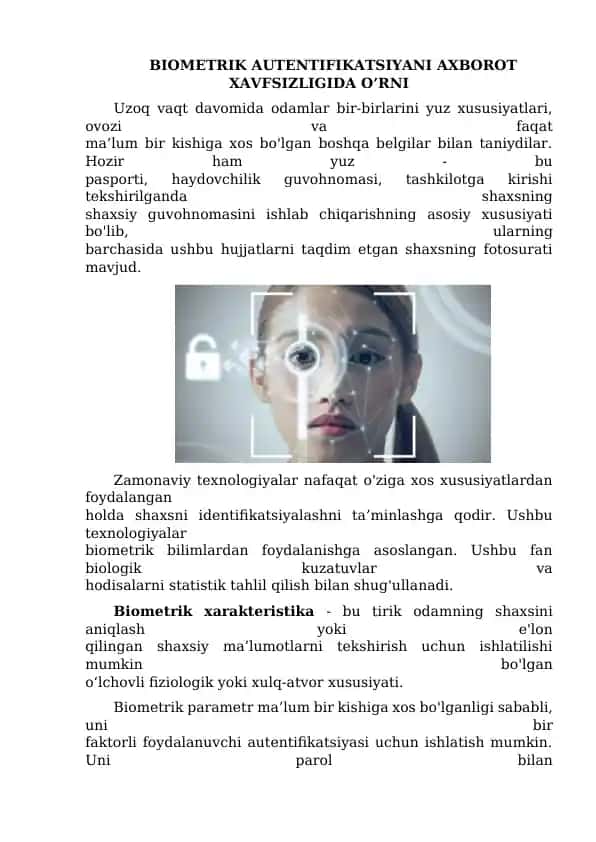 Biometrik Autentifikatsiyani Axborot Xavfsizligida O'rni