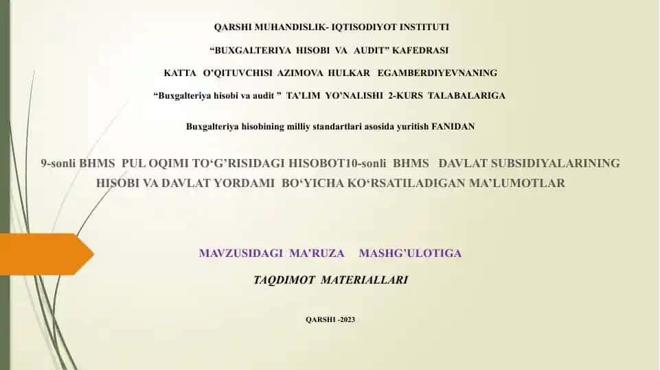 "Buxgalteriya hisobi va audit" kursi ta'lim materiallari