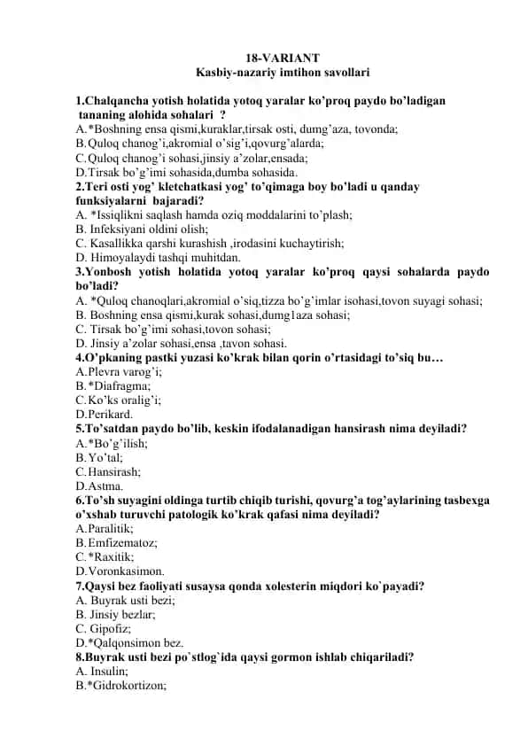 Kasbiy-nazariy imtihon savollari