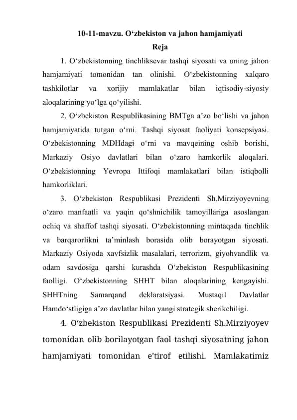 O‘zbekiston va jahon hamjamiyati