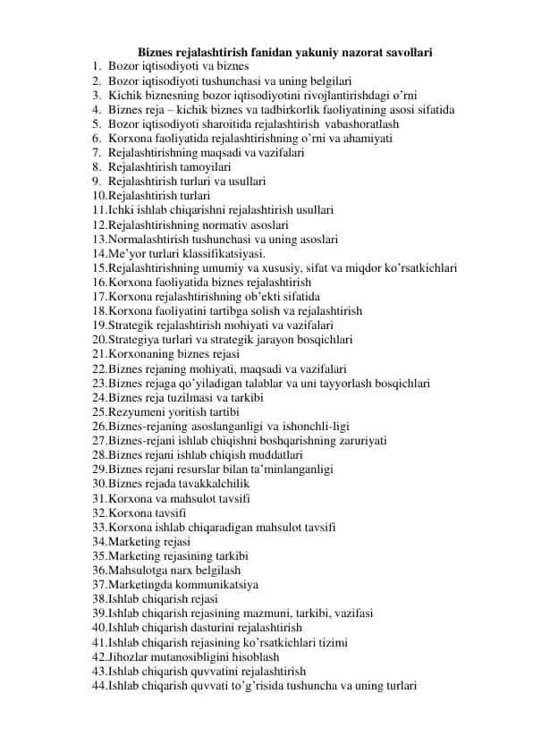 Biznes rejalashtirish fanidan yakuniy nazorat savollari