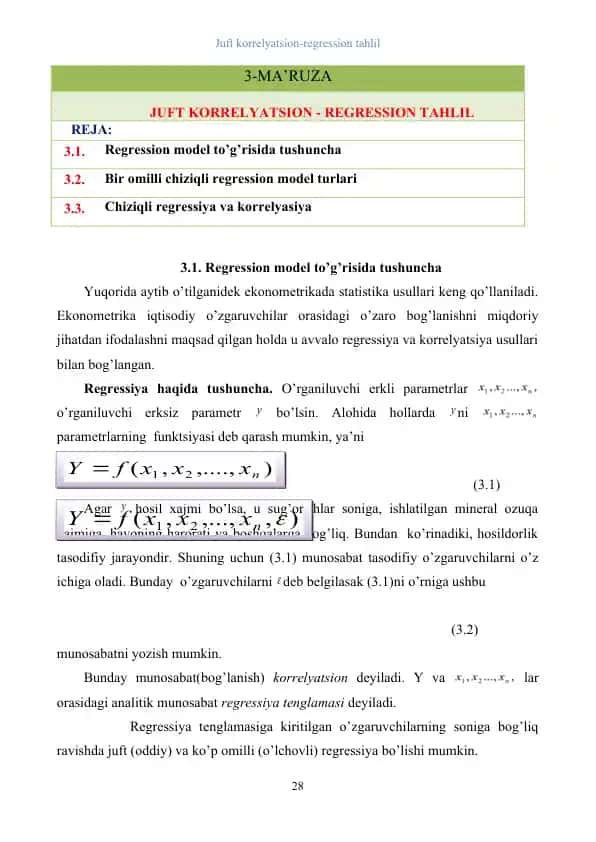 Juft korrelyatsion-regression tahlil