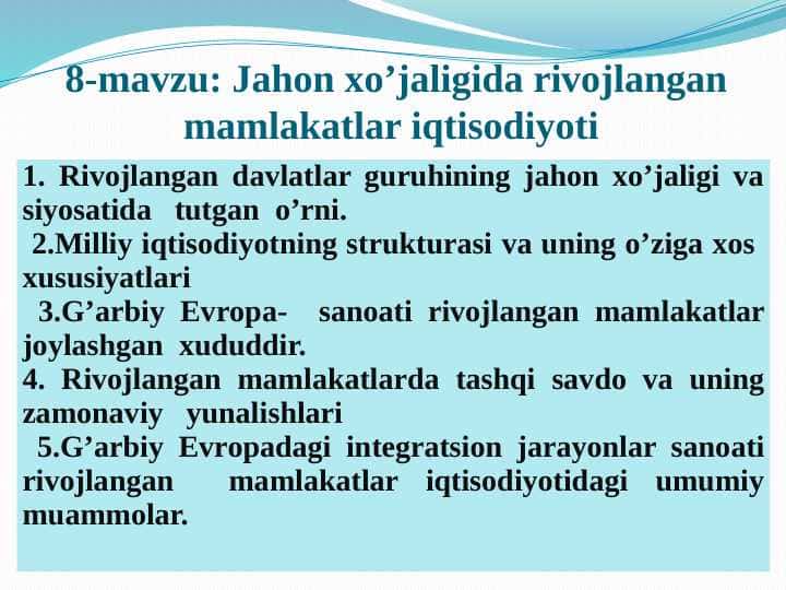 Jahon xo‘jaligida rivojlangan mamlakatlar iqtisodiyoti