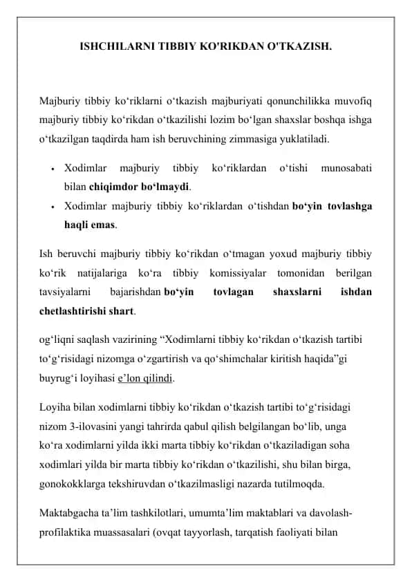 Xodimlarni Tibbiy Ko'rikdan O'tkazish