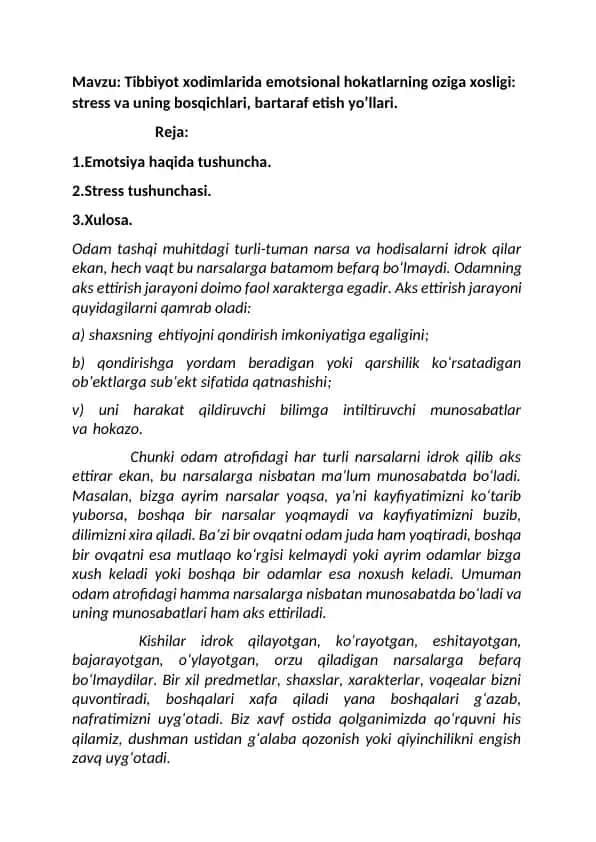 Tibbiyot xodimlarida emotsional hokatlarning oziga xosligi: stress va uning bosqichlari, bartaraf etish yo’llari