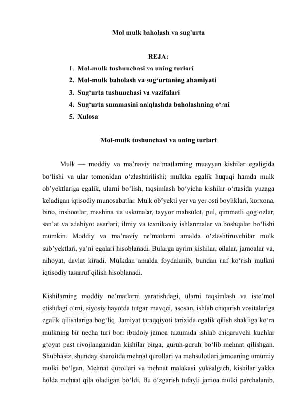 Mol mulk baholash va sug'urta