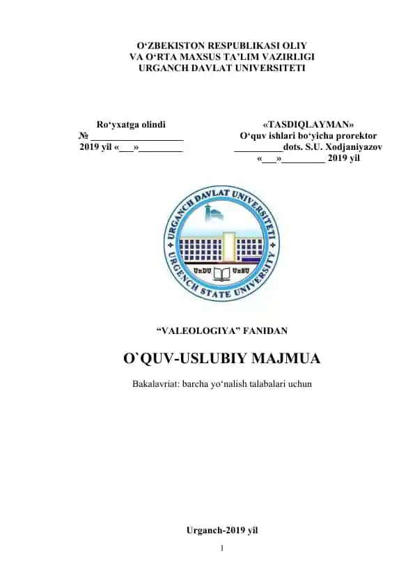 O‘QUV-USLUBIY MAJMUA “VALEOLOGIYA” FANIDAN