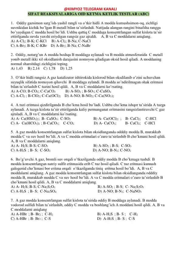 SIFAT REAKSIYALARIGA OID KETMA KETLIK TESTLAR (ABC)