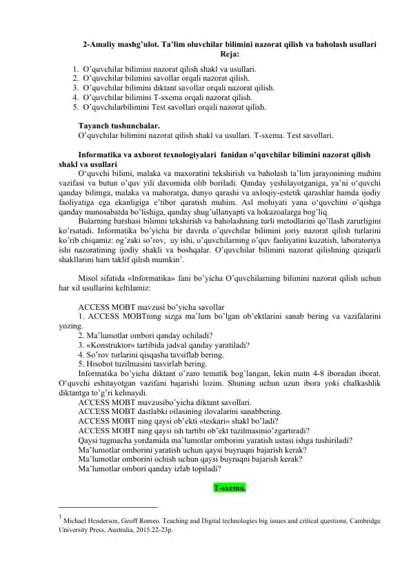 Informatika va axborot texnologiyalari fanidan o’quvchilar bilimini nazorat qilish shakl va usullari