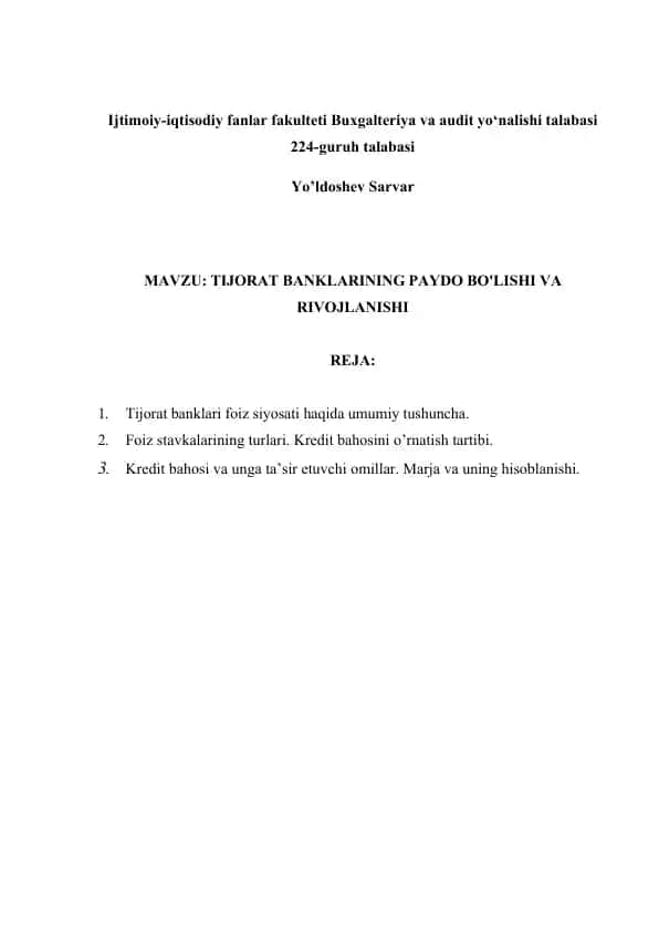 TIJORAT BANKLARINING PAYDO BO'LISHI VA RIVOJLANISHI