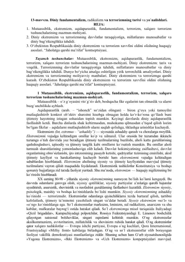 Diniy fundamentalizm, radikalizm va terrorizmning tarixi va yo`nalishlari.