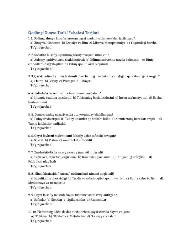 Qadimgi Dunyo Tarixi Falsafasi Testlari