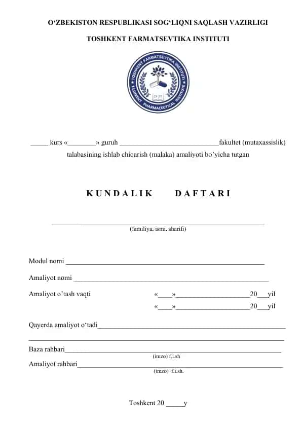Ishlab chiqarish (malaka) amaliyoti kundaligi daftari