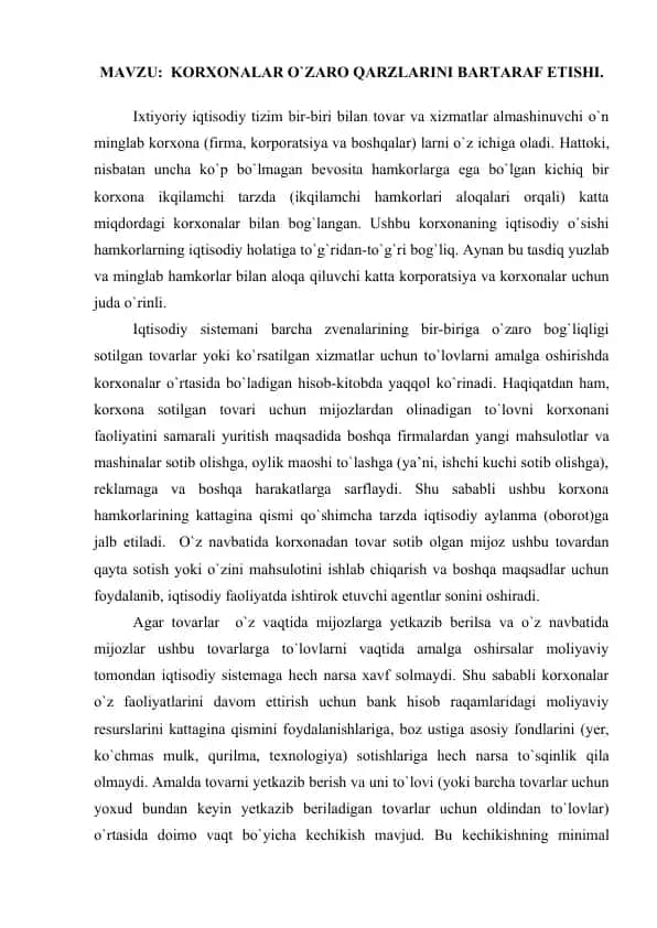 Korxonalar o`zaro qarzlarini bartaraf etishi